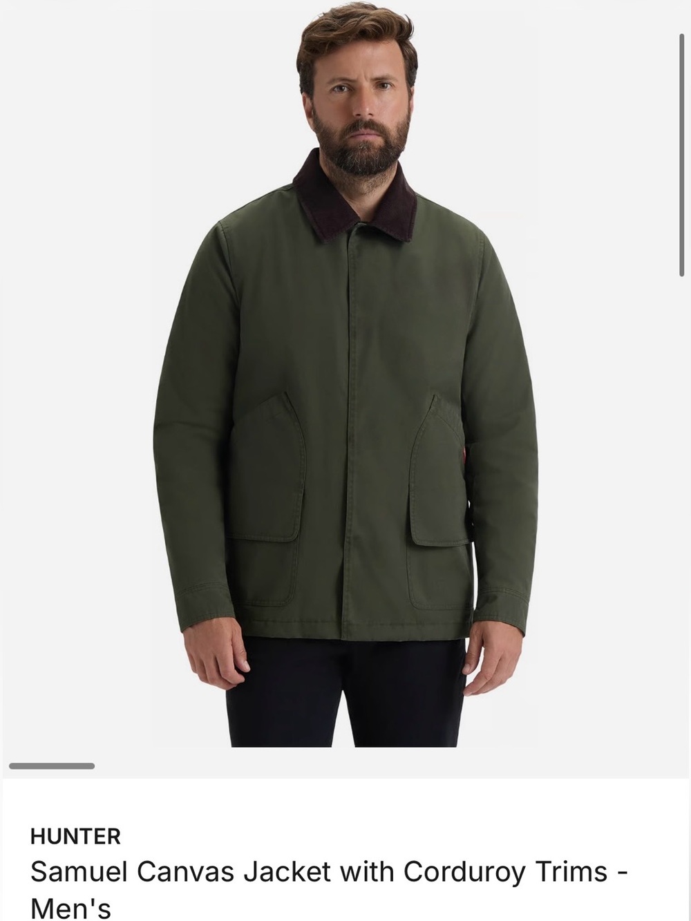 Hunter Men's Olive Canvas Jacket with Dark Brown Corduroy Collar NEW